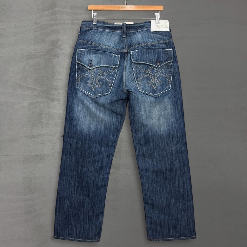 Y2K White Tag Premium Denim Jeans Blue Bootcut Embroidered Flap Pocket 33 x 30